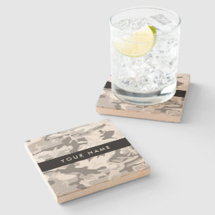 Winter Snow Grey Camouflage Your name Personalise Stone Coaster