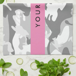 Winter Snow Grey Camouflage Your name Personalise Tea Towel