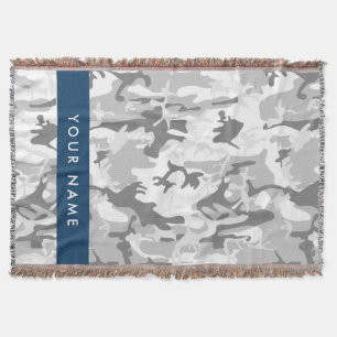 Winter Snow Grey Camouflage Your name Personalise Throw Blanket