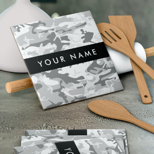 Winter Snow Grey Camouflage Your name Personalise Tile