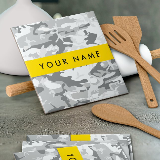 Winter Snow Grey Camouflage Your name Personalise Tile (Creator Uploaded)