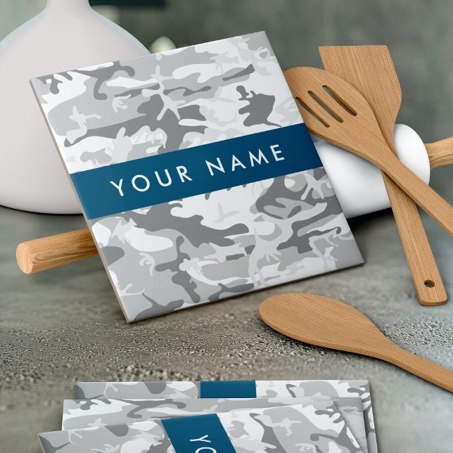 Winter Snow Grey Camouflage Your name Personalise Tile (Creator Uploaded)