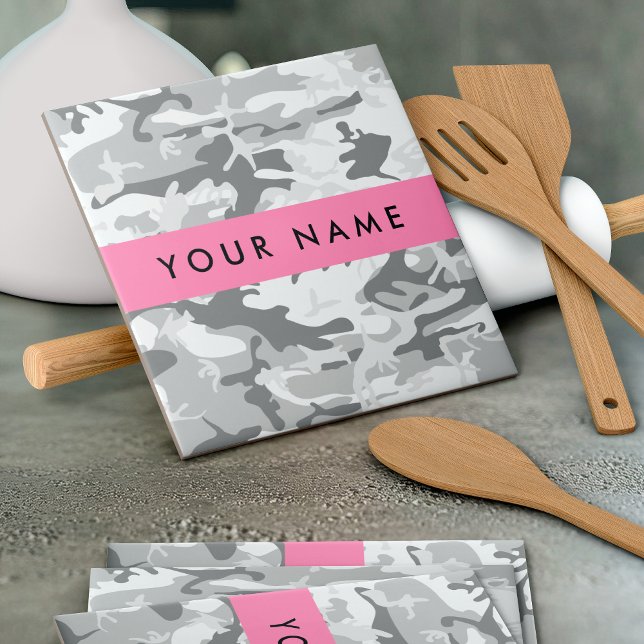 Winter Snow Grey Camouflage Your name Personalise Tile (Creator Uploaded)