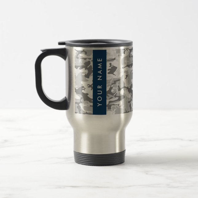 Winter Snow Grey Camouflage Your name Personalise Travel Mug (Left)