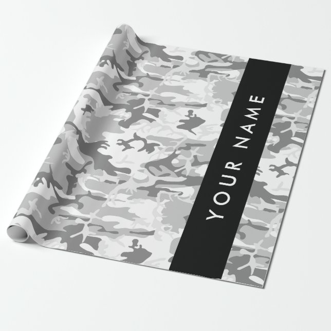 Winter Snow Grey Camouflage Your name Personalise Wrapping Paper (Unrolled)