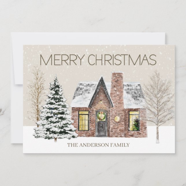 Winter Snow House Pine Tree Merry Christmas Holiday Card (Front)