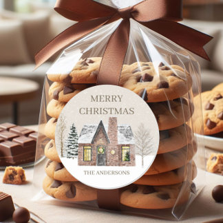 Winter Snow House Pine Tree Merry Christmas Name Classic Round Sticker