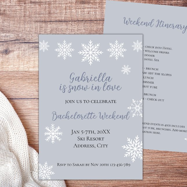 Winter Snow In Love Bachelorette Weekend Itinerary Invitation (Winter Bachelorette Snow In Love Weekend Itinerary)