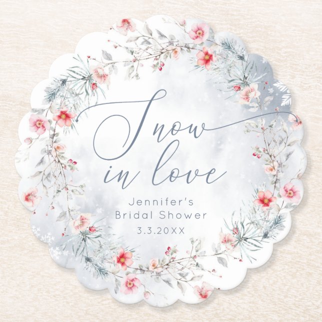 Winter Snow in Love elegant Bridal shower Paper Coaster (Front)