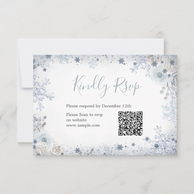 Winter Snow in Love Snowflake Bridal QR Rsvp Card (Front)