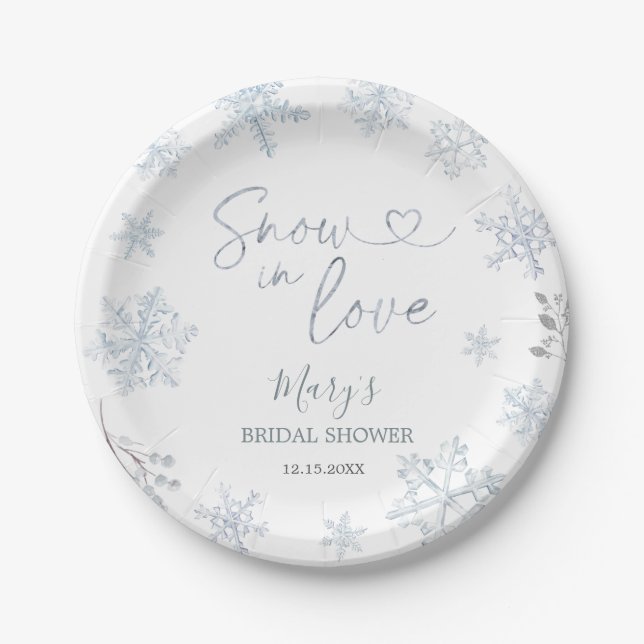 Winter Snow in Love Snowflake Bridal Shower Paper Plate (Front)