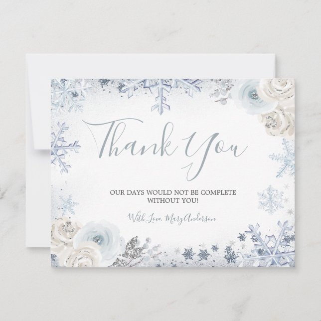 Winter Snow in Love Snowflake Bridal Shower Thank You Card (Front)
