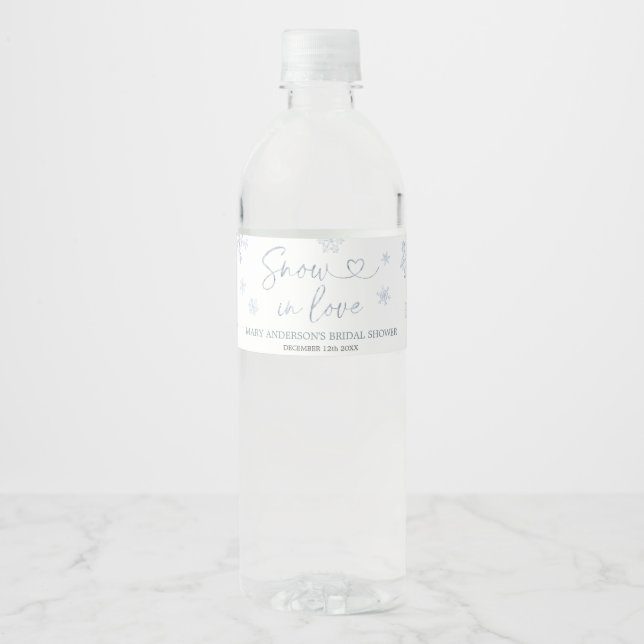 Winter Snow in Love Snowflake Bridal Shower Water Bottle Label (Front)
