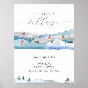 Winter Snow It Takes A Village Baby Shower Welcome Poster