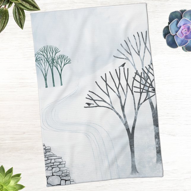 Winter Snow Landscape Art Tea Towel (Winter landscape art kitchen tea towel)