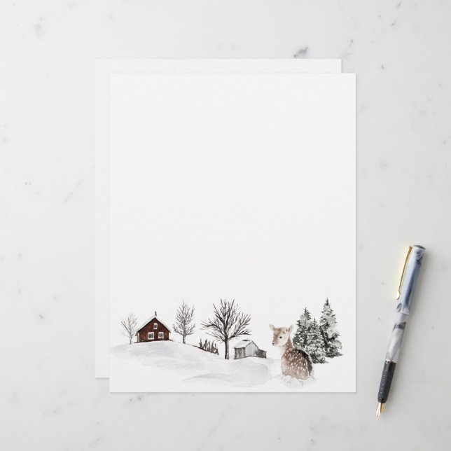 Winter Snow Landscape Deer Custom Letterhead (Front/Back In Situ)