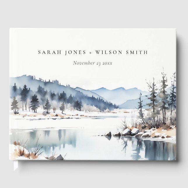 Winter Snow Mountain Lake Landscape Wedding Guest Book (Front)