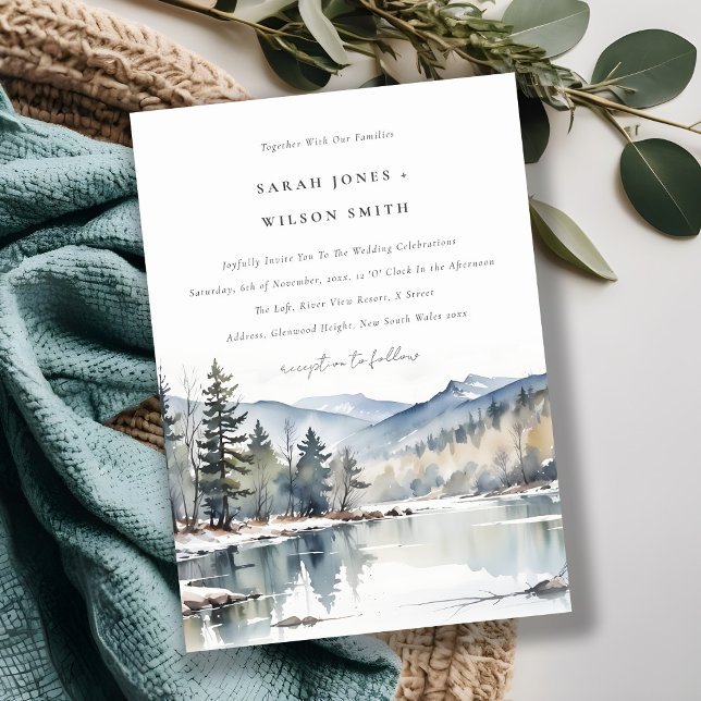 Winter Snow Mountain Lake Landscape Wedding Invitation (Creator Uploaded)