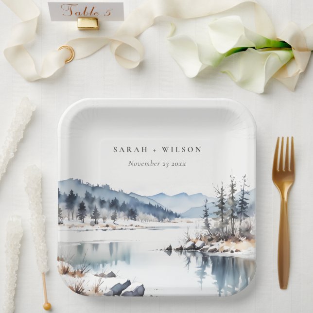 Winter Snow Mountain Lake Landscape Wedding Paper Plate (Wedding)