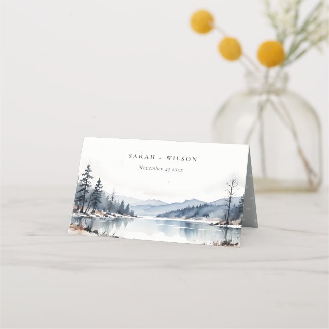 Winter Snow Mountain Lake Landscape Wedding Place Card (Front)