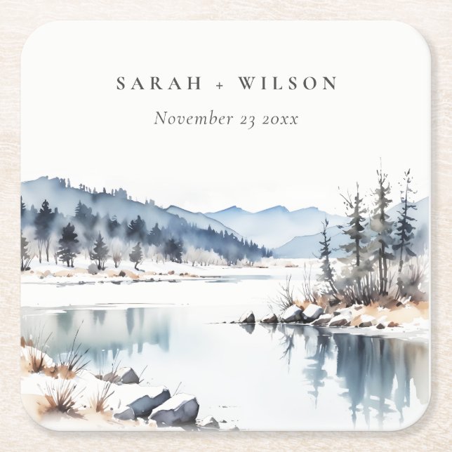 Winter Snow Mountain Lake Landscape Wedding Square Paper Coaster (Front)