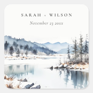 Winter Snow Mountain Lake Landscape Wedding Square Sticker