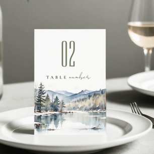 Winter Snow Mountain Lake Landscape Wedding Table Number
