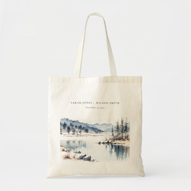 Winter Snow Mountain Lake Landscape Wedding Tote Bag (Front)