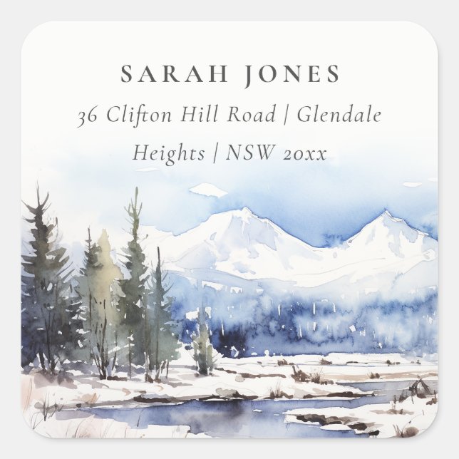 Winter Snow Mountain Ski Landscape Address Square Sticker (Front)