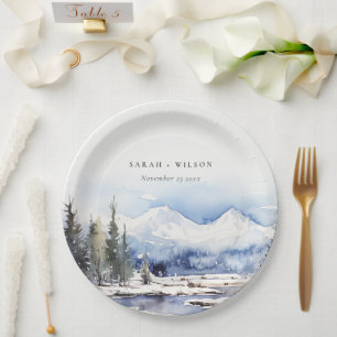 Winter Snow Mountain Ski Landscape Wedding Paper Plate