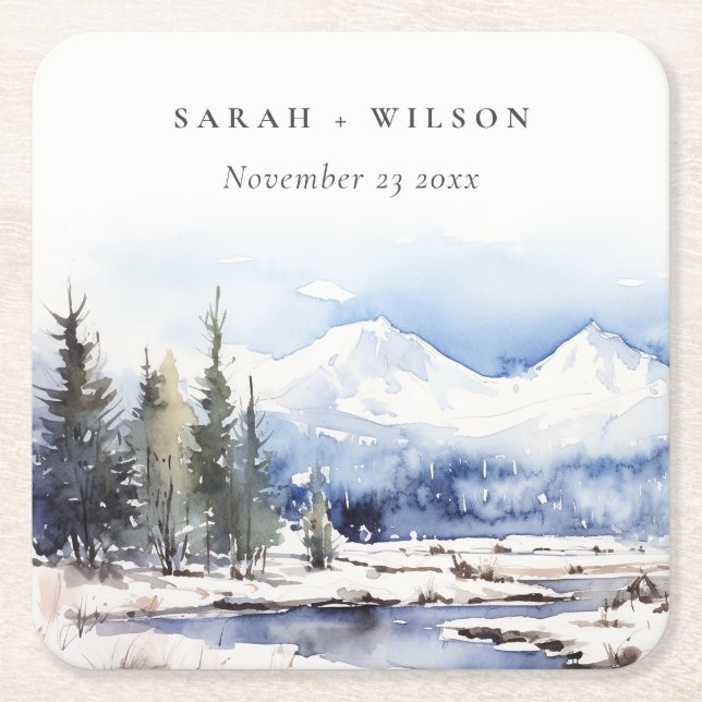 Winter Snow Mountain Ski Landscape Wedding Square Paper Coaster (Front)