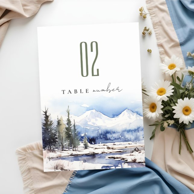Winter Snow Mountain Ski Landscape Wedding Table Number (Creator Uploaded)