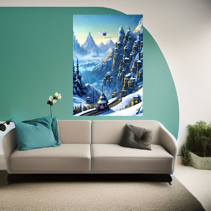 Winter, snow, mountain village AI Art Poster