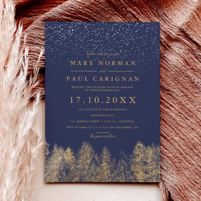 Winter snow navy blue pine trees forest wedding invitation (Winter snow navy blue pine trees forest wedding invitation)
