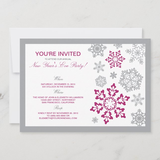 Winter Snow New Year's Eve Party Invitation (pink) (Front)