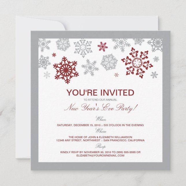 Winter Snow New Year's Eve Party Invitation (red) (Front)