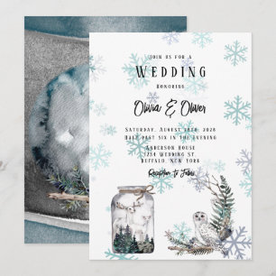 Winter Snow Owl Moon Deer Watercolor Wedding Invitation