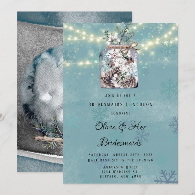 Winter Snow Owl Moon Mason Jar Bridesmaid Luncheon Invitation (Front/Back)