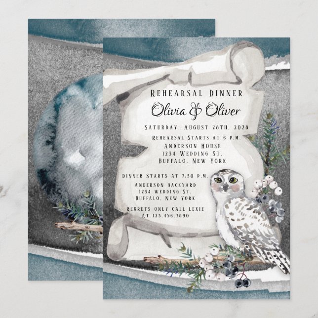 Winter Snow Owl Moon Scroll Rehearsal Dinner  Invitation (Front/Back)