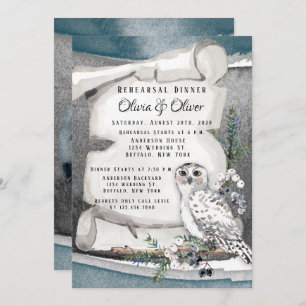 Winter Snow Owl Moon Scroll Rehearsal Dinner  Invitation