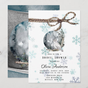 Winter Snow Owl Moon Watercolor Bridal Shower Invitation
