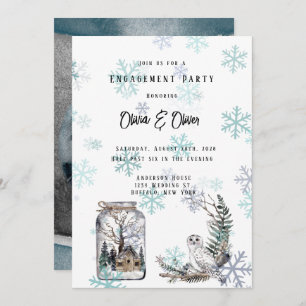 Winter Snow Owl Moon Watercolor Engagement Party Invitation