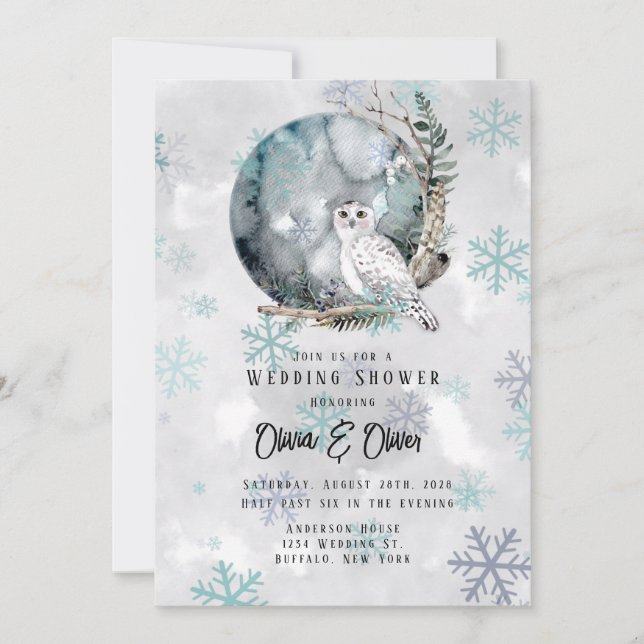 Winter Snow Owl Moon Watercolor Wedding Shower Invitation (Front)