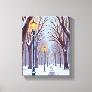 Winter Snow Park Street Lamps City Watercolor Canvas Print