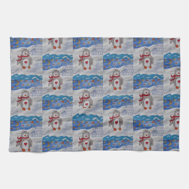 Winter Snow Penguin Tea Towel (Horizontal)