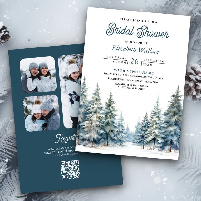 Winter Snow Pine Tree Forest QR Code Bridal Shower Invitation (Creator Uploaded)