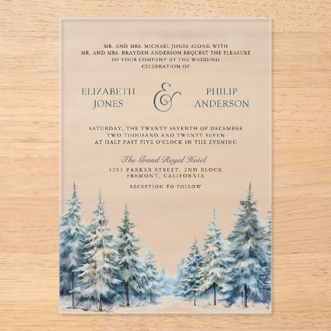 Winter Snow Pine Tree Forest Wedding Acrylic Invitations (Front)