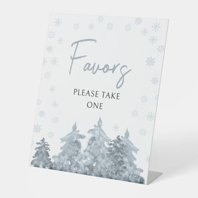 Winter snow pine trees baby shower favours sign (Front)