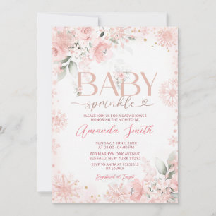 Winter Snow Pink Rose Gold Floral Baby Sprinkle Invitation