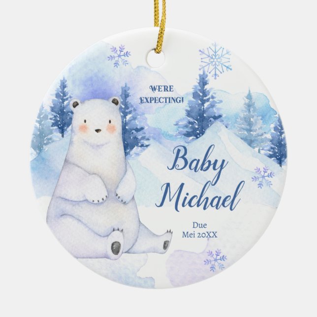 Winter Snow Polar Bear We're Expecting Parents Ceramic Tree Decoration (Front)